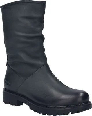 A black leather boot on a white background.