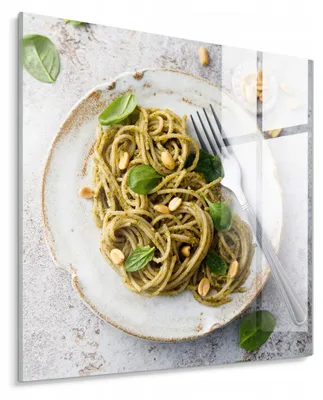 Produktbild von STYLER Glasbild 30x30 cm Pesto Pasta Basilikum Küchenmotiv Wanddeko Küche Esszimmer italienische Küchendekoration