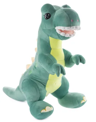 A plush toy dinosaur against a white background.