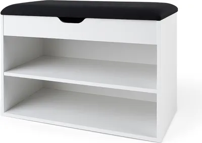 A white shoe cabinet with a black upholstered seat on top, shown from the front with two open shelves below.