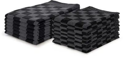 Zdjęcie produktu dla Zestaw 12-częściowy Unyqoos® LINNICK – ręczniki kuchenne i do naczyń, czarny – 6 ręczników do naczyń 65x65 cm + 6 ręczników kuchennych 50x50 cm, 100% bawełna, 450 g/m², w kratkę, z pętelką do zawieszania