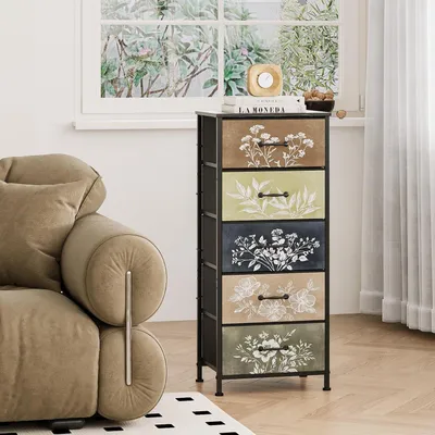 Image de Commode avec 5 tiroirs en tissu, motif floral, dimensions 40x30x99 cm