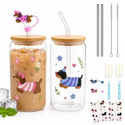 2er-Set Teckelgläser 500 ml mit Deckel & Strohhalmen