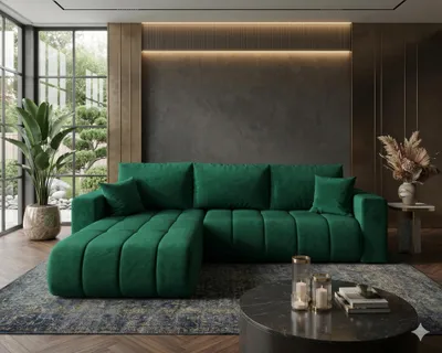 Image de Canapé d’angle LARA PREMIUM gauche vert velours Monolith 37 - fonction couchage, coffre de rangement pour la literie