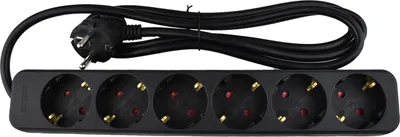 A black power strip with six outlets and a black power cord is laid out on a white background.