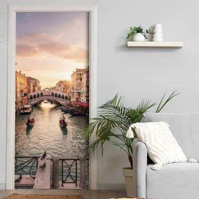 Produktbild von Türtapete selbstklebend | 200 x 90 cm Venedig, Gondeln, Abend | Tür Aufkleber Poster Türfolie | Einteilig | Wasserfest 3D Türaufkleber Klebefolie Wandtattoo
