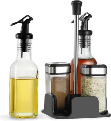 Image de set de bocaux à épices pivotant à 360° avec étagère à épices, bouteilles de vinaigre et d'huile & design de saupoudrage