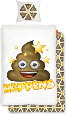 A bedding set featuring a smiling poop emoji with stars and the text "HAPPENS".