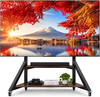 Productafbeelding van Mobiele vloer - Tv - Standaard met wielen en houten planken voor tv's van 65 tot 100 inch - Geschikt voor maximaal 100 kg - VESA 800 x 600 mm