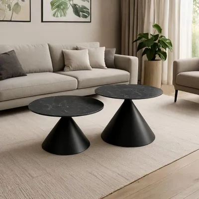 Immagine prodotto di Set 2 tavolini da salotto rotondi Punto con piano effetto marmo nero e gambe in metallo nero
