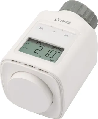 A white Olympia radiator thermostat with a digital display and a gray rotary knob on top, set against a white background.
