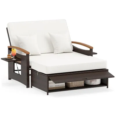 Image de Chaise longue en polyrotin COSTWAY, chaise longue de jardin avec dossier réglable, tablette latérale rabattable et coussin, lit de repos, chaise longue double, canapé de jardin