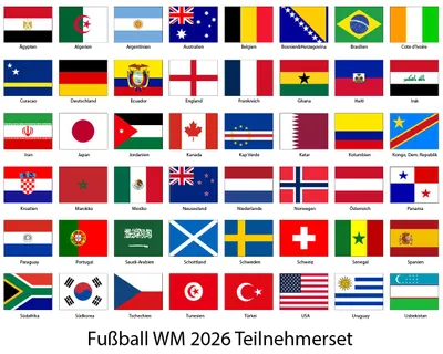 Produktbild von Flaggen-Set WM 2026, 48 Polyester Flaggen, 150x90 cm, reißfest, mit Messing-Ösen