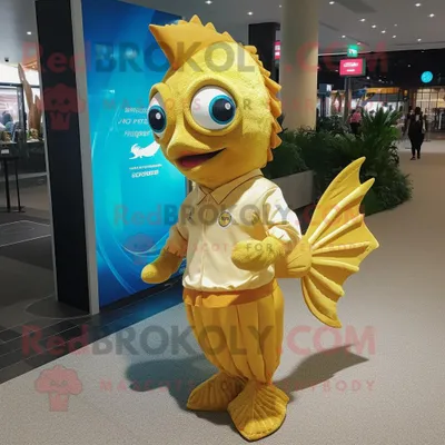 Produktbild von Goldene REDBROKOLY Betta-Fisch Maskottchen kostümfigur bekleidet mit einem Polo-T-Shirt und Fußkettchen