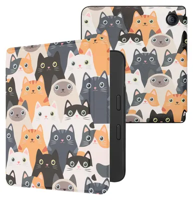 Produktbild von kwmobile Schutzhülle für Tolino Vision 6 Hülle - eReader Flip Case mit Auto Sleep Funktion - Katzen mit Orange Schwarz Weiß