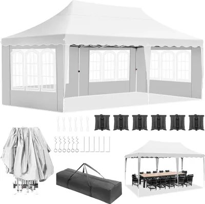 Image de Pavillon de jardin - Pop Up Pavillon pliable 3 x 6 m - Imperméable - Tissu HDPE enduitPolyuréthane- Cadre en aluminium - 4 parois latérales - Blanc