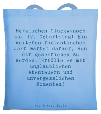 Produktbild von Mr. & Mrs. Panda Uni Tasche Spruch 17. Geburtstag Abenteuer - Sky Blue - Geschenk, Beutel, herzlichen Glückwunsch, Geburtstagsgeschenk, Laptoptasche, Tote Bag, Träume