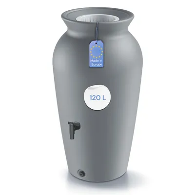 Produktbild von YourCasa Regentonne 120-230 Liter [DropCatcher] mit Filterkorb & Wasserhahn - Regenfass Frostsicher Kunststoff - Regenwassertonne (Grau, 120L)