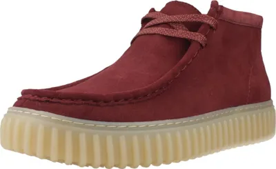 A single red boot with a beige sole is shown against a white background.