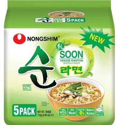 Immagine prodotto di Zuppa di noodles vegetariana Nongshim, 5 confezioni da 112g – Zuppa di noodles piccante con verdure, 560g