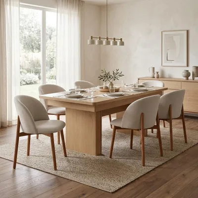 Immagine prodotto di Set da pranzo bianco e marrone  grande tavolo da pranzo  sedie imbottite, 7 pezzi