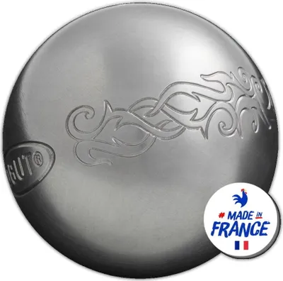 A close-up of a silver boulekugel with decorative engraving and a "Made in France" logo.