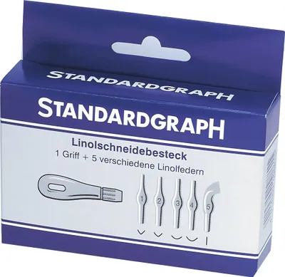 Produktbild von Standardgraph Linolschnitt Schneidebesteck 5 Federn + Griff
