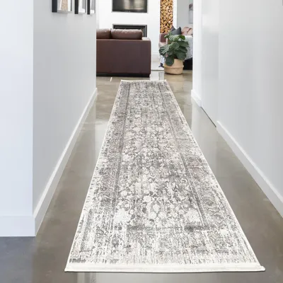Produktbild von Vintage-Wollteppich orientalisch weich und pflegeleicht zeitlos elegant für Wohnzimmer & Schlafzimmer in Grau Größe - 80 x 300 cm