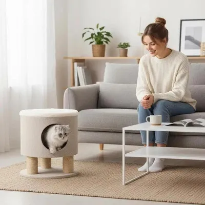 Image de Tabouret pour chat avec griffoir et jouets