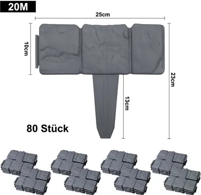 Obrázek produktu pro XMTECH 80 kusů obrubníků na trávník ve vzhledu kamene 20m obrubníky na záhony obrubníky na sečení obrubníky na zahradní ploty obruby na záhony z plastu, antracitová barva
