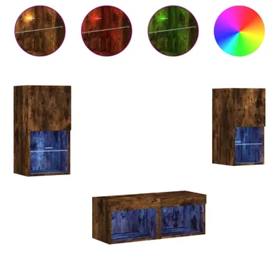 Productafbeelding van 4-delige tv-wandmeubelset met LED-verlichting gerookt eiken