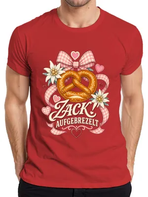 Zdjęcie produktu dla Zack! Koszulka męska z nadrukiem "Brezel Edelweiß ", czerwona, rozmiar XL. Materiał: skóra