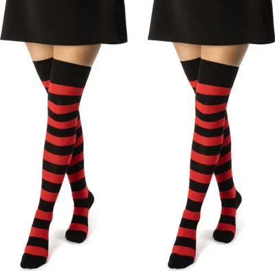 Produktbild von 2 Paar Overknee Strümpfe Damen Kniestrümpfe Baumwolle Ringel & Uni 10723 - 2x Schwarz/Rot 35-38