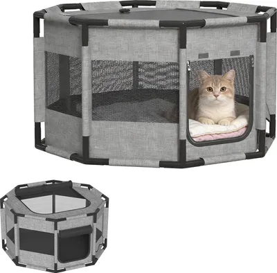 Obrázek produktu pro YRHome Osmistranný výběh pro domácí mazlíčky 114 x 114 x 60 cm, šedý, stabilní a prodyšný, 600D Oxford, pro psy a kočky, ideální pro byt, zahradu a terasu