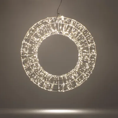 Image de Couronne métallique LED argentée avec 960 LED blanc chaud - 36 cm - Couronne décorative à suspendre à l'extérieur avec minuterie