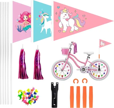 Produktbild von Kinderfahrradflagge 3 teilig, für Mädchen, mit Flaggenmast, Lenkerquasten und Speichendekoration