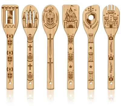 Immagine prodotto di Omgoods - Set di 6 cucchiai da cucina in bambù con incisione - Utensili da cucina in legno per cucinare