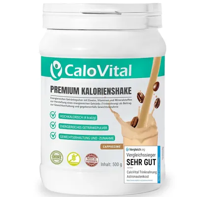 Produktbild von Trinknahrung hochkalorisch für Gewichtszunahme | Kohlenhydrate & Eiweiß als Kalorien Shake | Hochdosiert mit vielen Vitaminen Cappuccino 500g Pulver