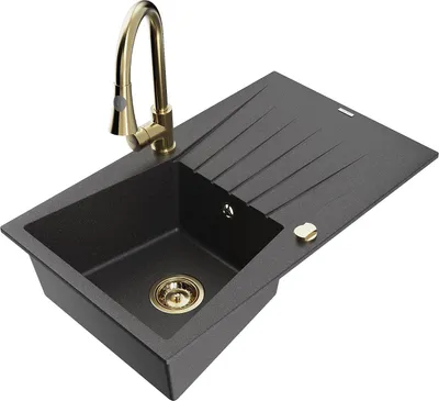 Produktbild von Mexen Cesar 1 Becken-Granitspüle mit Abtropffläche und Mischbatterie Elia, Schwarz gesprenkelt - 6514-76-670101-50