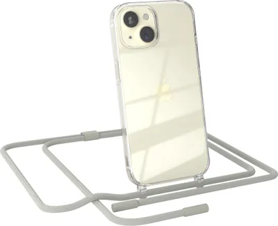 Produktbild von EAZY CASE Handykette für Apple iPhone 15, Clear Case aus Silikon, mit Umhängeband, abnehmbare Endstücke, Handyband in Beige