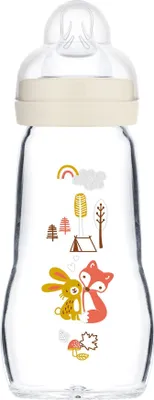 A baby bottle with cartoon illustrations of a forest scene, including a fox, rabbit, tent, trees, and a rainbow.