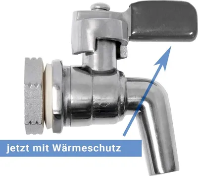 A close-up of a metal faucet with a blue arrow pointing upwards and text overlay.