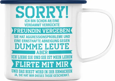 Produktbild von Trendation - Geschenk für Freund Valentinstag Lustig Humor Verrückte Freundin Liebe Und Ja Sie Hat Mir Diese Emaille Tasse Geschenkt (Blau)