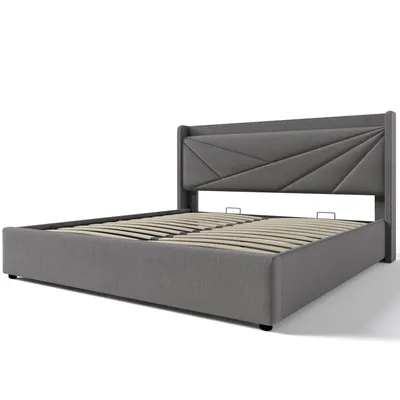 Obrázek produktu pro okwish Manželská čalouněná postel 180x200 cm, s úložným prostorem v posteli, USB Type-C nabíjecí funkce v opěrce hlavy, s roštem, domácí postel, postel pro mladistvé, šedá (bez matrace)