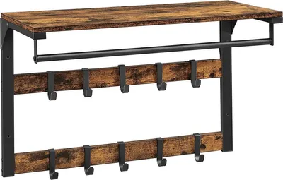 A wall-mounted coat rack with a shelf and multiple hooks.