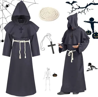 Produktbild von Mönchskostüm aus hochwertigem Material – Mittelalter/Renaissance – Halloween-Kostüm – Priester/Mönch – Kimono mit Gürtel – Atmungsaktiv und bequem – Kostüm