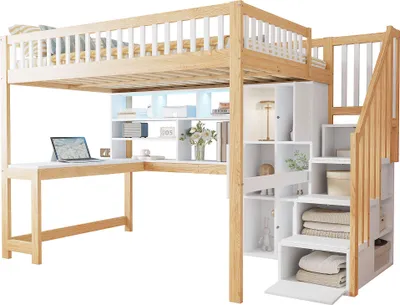 Produktbild von Merax Etagenbett Hochbett 140x200 cm, mit LED-Leuchten, Schreibtisch, Regalen, Stauraumleiter, Kinderbett aus Holz, Stockbett, Jugendbett, Weiß+Natur