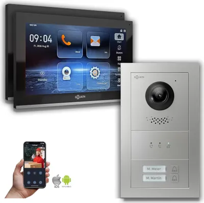 Produktbild von Goliath IP Video Türsprechanlage: 10-Zoll 2 Familienhaus, Anzeige, Silber : 10 Zoll Schwarz : 4er POE : Unterputzdose Anschluss: 4er POE Monitor Farbe: 10 Zoll Schwarz Montage: Unterputzdose