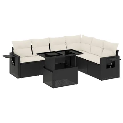 Produktbild von Garten-Lounge-Set 7-teilig, modular, Poly Rattan Schwarz, verstellbarer Tisch, Kissen Cremeweiß, UV-beständig