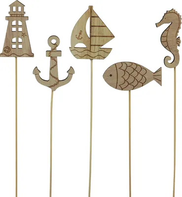 Produktbild von Blumenstecker Maritim Holz Deko 7cm 12 Stück Seepferdchen Anker Segelboot